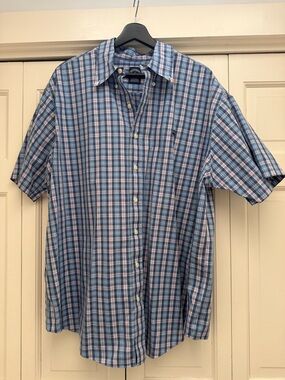 Men's Short-Sleeve Plaid Button-Down Shirt - Blue/Pink